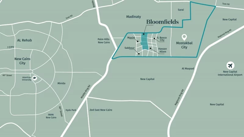 موقع كمبوند بلوم فيلد في مدينة المستقبل: موقع استراتيجي في قلب العاصمة الإدارية الجديدة